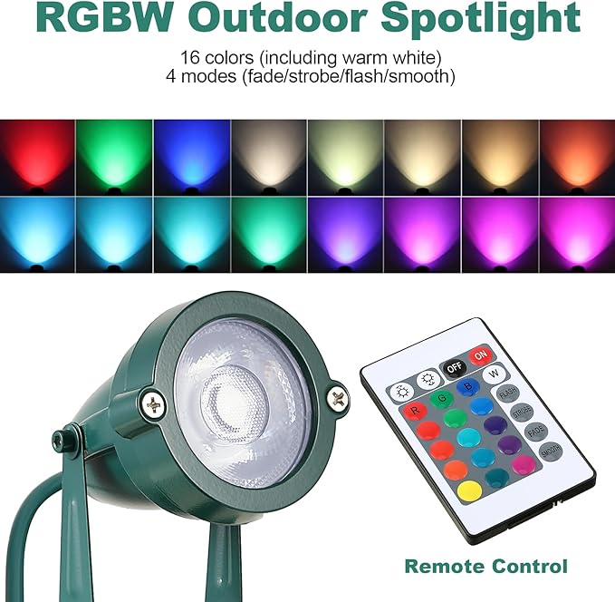 Enhon 2 Pack Halloween RGBW Spotlight Outdoor, Waterproof Landscape Lighting 120V LED Spot Lights with Remote Control Color Changing, Outdoor Stake Lights for Holiday Garden Yard (Patent Pending)