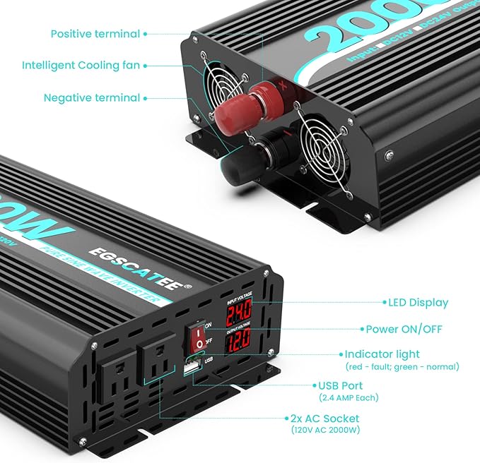 24V 2000W Pure Sine Wave Power Inverter 24V DC to 120V AC Converter for Car, Truck, Home, Vehicles,Boat, Car Power Converter with 2 AC Outlets, USB Ports, LCD Display