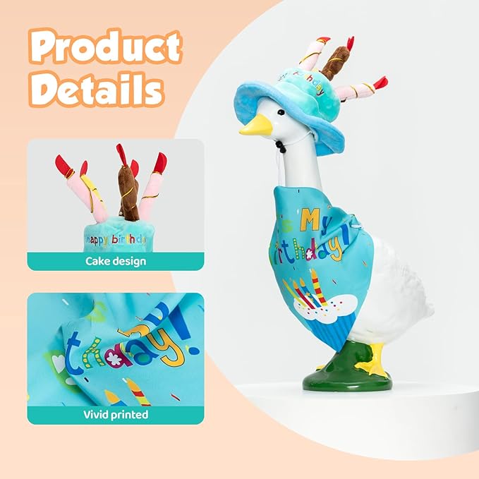 2 Set Porch Goose Outfits Hawaiian Summer Costume with Straw Hat and Glasses and Happy Birthday Outfit with Cake Hat and Bandana for 23" 17" Cement Plastic Goose Duck Lawn Decorations