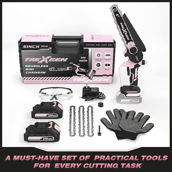 Mini Chainsaw, 6-Inch Electric Chainsaw Cordless, Upgraded 900W Brushless Portable Handheld Small Chain Saw with Auto Chain Regulator & Auto Oiler for Wood Cutting/TreeTrimming/Courtyard (Pink)