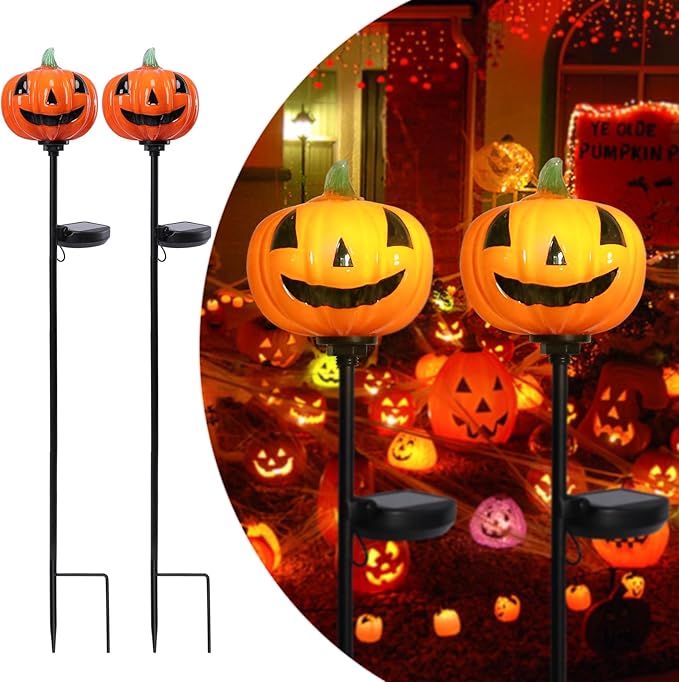 Afirst Halloween Pumpkin Pathway Solar Lights Handblown Glass Halloween Jack O Lantern Halloween Yard Display Solar LED Outdoor Décor Front Porch Decor 2 Pack, Orange