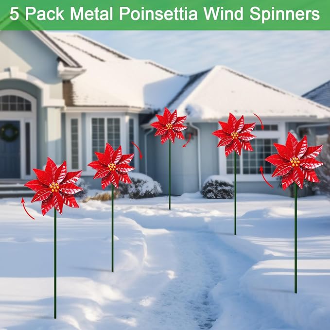 5 Pack Metal Poinsettia Wind Spinners for Garden,Outdoor Lawn Ornaments,Christmas Yard Decorations,Garden Stake and Decor for Outside