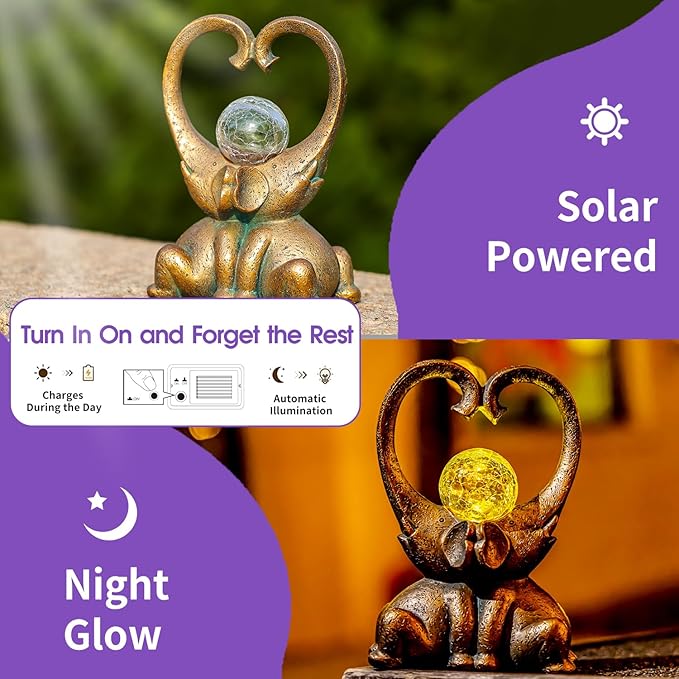 WHIMSYNOOK 7.9" Bronze Elephant Garden Statue with Heart-Shaped Trunks & Solar LED Light – Outdoor Decor for Porch, Lawn, Yard – Perfect Birthday, Housewarming Gifts for Mom and Elephant Lovers
