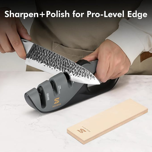 2-in-1 Knife Sharpener Kit with 5 Adjustable Angles Sharpener & Leather Strop – Complete Sharpening System for Kitchen, Pocket, Serrated Knives, Scissors (Sharpen + Polish to Pro Edge)