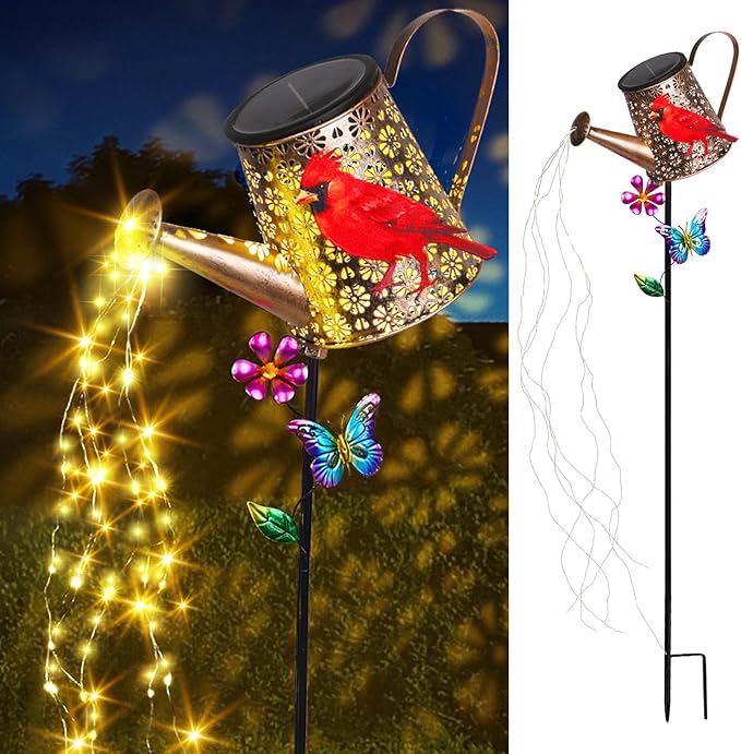 Solar Lights Outdoor Decorative, 39.4'' Metal Solar Watering Can Lights with Red Cardinal, Waterproof Garden Stake for Yard Lawn Patio Pathway Landscape, Gardening Gifts for Mom Grandma Women