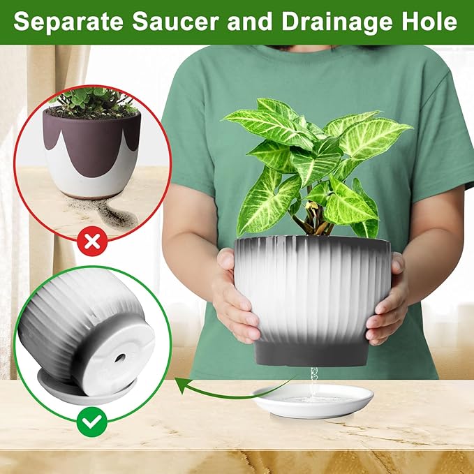 6.7 + 5.5 Inch Plant Pot, Ceramic Planter with Drainage and Saucer, Ceramic Pots for Plants, Indoor Plant pots,Ceramic Flower pots(Black + White, Plants NOT Included)
