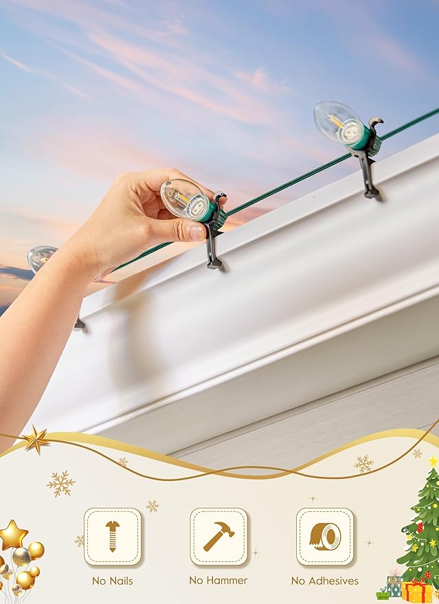 Universal Christmas Lights Shingle Clips, 200 Count All in One Gutter Clips, Shatterproof All Purpose Shingle Clips for C7/E12, C9/E17, Mini String Lights, Rope Lights, Christmas Decorations, Black