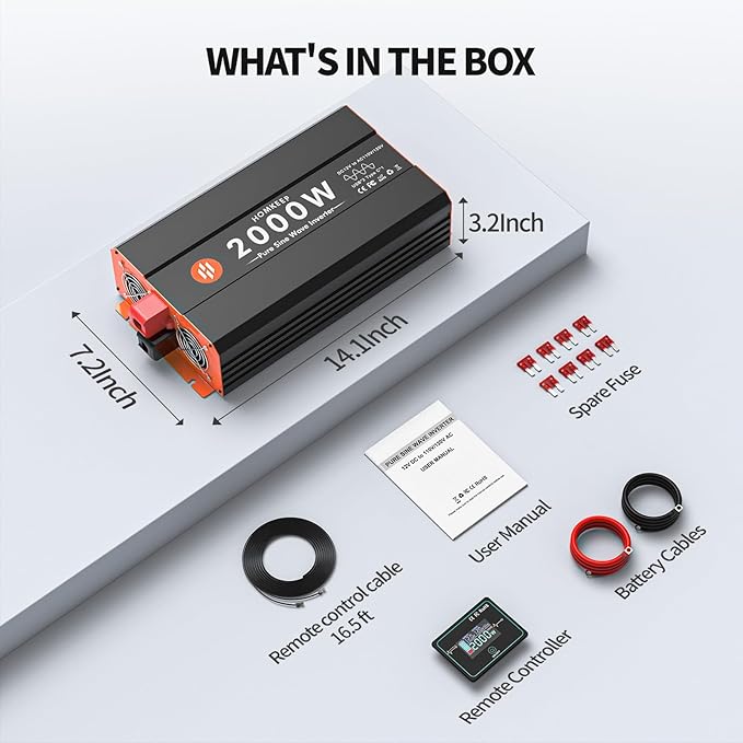 2000W Pure Sine Wave Power Inverter 12V DC to 110V AC Converter Peak Power 4000W for RV Truck Off-Grid Solar Car Inverter with 3 AC Outlets, 2 USB & 1 Type-C Ports, Cables Included, Remote Controller