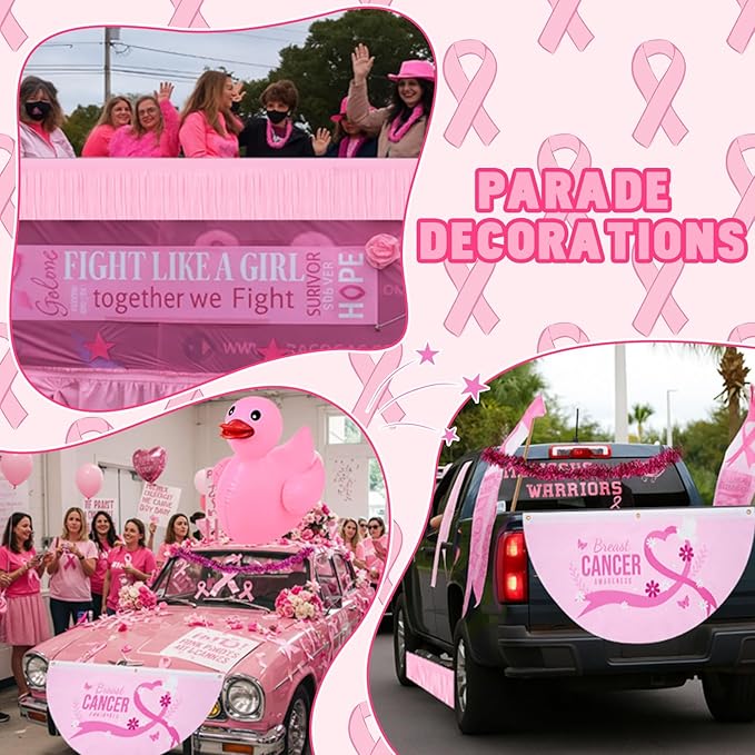 Hungdao Large Breast Cancer Golf Cart Decorations Kit, Giant PVC Pink Inflatable Duck, Tinsel Garlands Tinsel Streamers Fan Flag, Reuseable Indoor Outdoor Decoration for Awareness Parade
