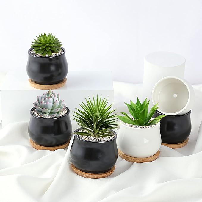 12 Pack Succulent Plant Pot, Mini 2.6 inch Ceramic Flower Planter Pot with Bamboo Tray, Small Pots for Plants, Plants Not Included (White, Black)