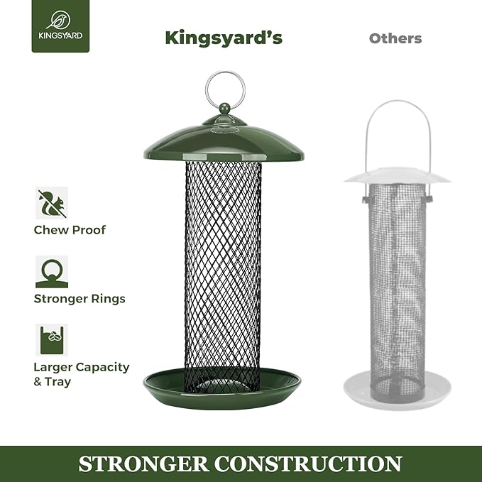Kingsyard Mesh Tube Bird Feeders for Outdoors Hanging, All Metal, Wild Bird Feeder for Sunflower Seeds or Mealworm, Large Tray & Weatherproof Roof, 2.5 lbs Capacity (Dark Green)