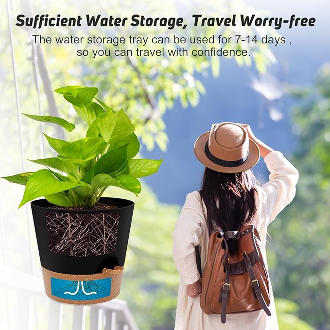 10-Inch Plant Pots, Self-Watering Planters with Drainage Holes & Saucers for Indoor and Outdoor Plants (2-Pack, Black)