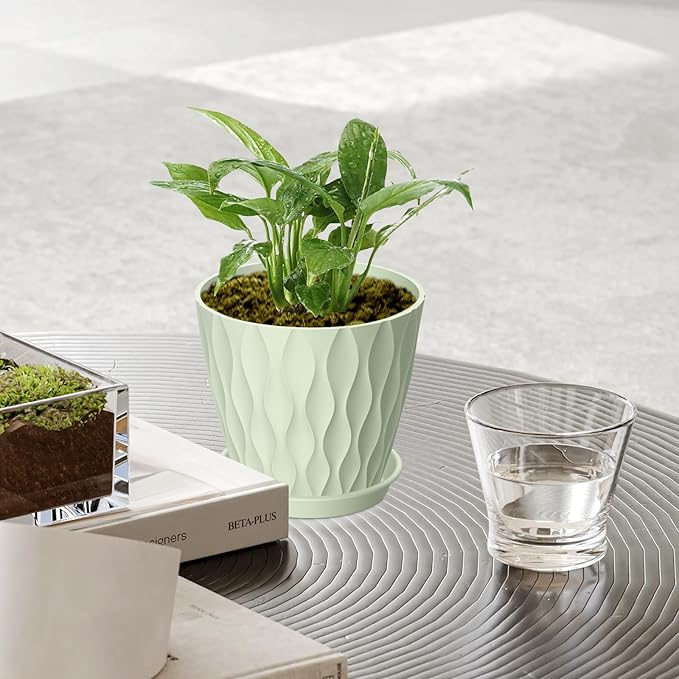 12 Pack 4 Inch Small Plant Pots with Saucers, 3D Textured Plastic Planters with Drainage Holes for Indoor and Outdoor Plants, Flowers, Herbs, Succulents, and Seedlings, Green