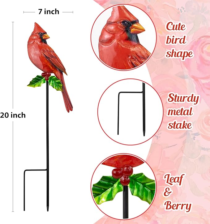 3 Pack Red Birds Metal Decorative Garden Stakes - 20 Inch Shaker Patio Decor Art and Rust Resistant Metal Garden Decor for Indoor and Outdoor Decor - Perfect for Patio and Lawn Ornaments