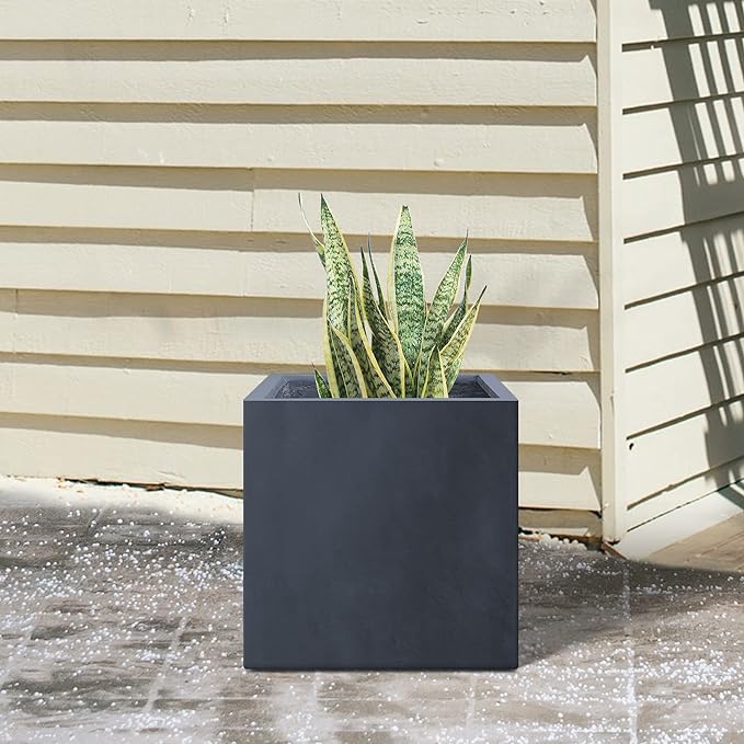 Kante 10 Inch Square Concrete Planter for Outdoor Indoor Home Patio Garden, Large Plant Pot with Drainage Hole and Rubber Plug, Charcoal