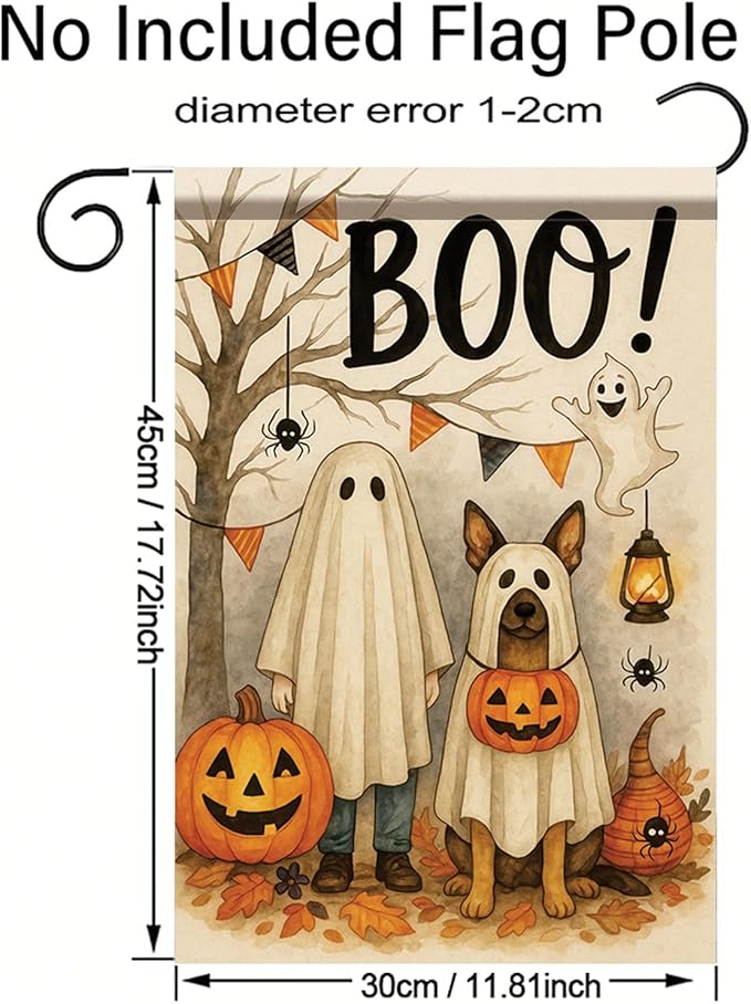 Halloween Garden Flag Ghost Costume Dog Flag 12x18 Inch Double-Sided Pumpkin Boo Yard Banner Fall Outdoor Decoration for Porch Lawn Pathway Trick or Treat Dog Lover Gift