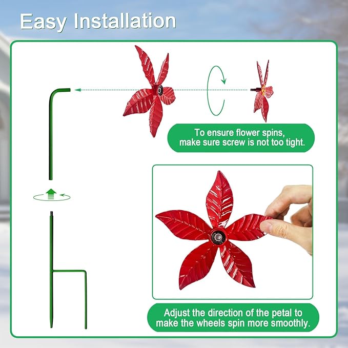 5 Pack Metal Poinsettia Wind Spinners for Garden,Outdoor Lawn Ornaments,Christmas Yard Decorations,Garden Stake and Decor for Outside