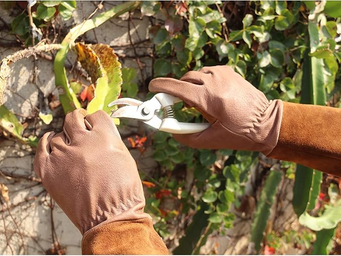 HANDLANDY Long Gardening Gloves for Men & Women, Cowhide Leather Rose Pruning Gloves- Breathable & Durable Gauntlet Gloves (Small, Brown)