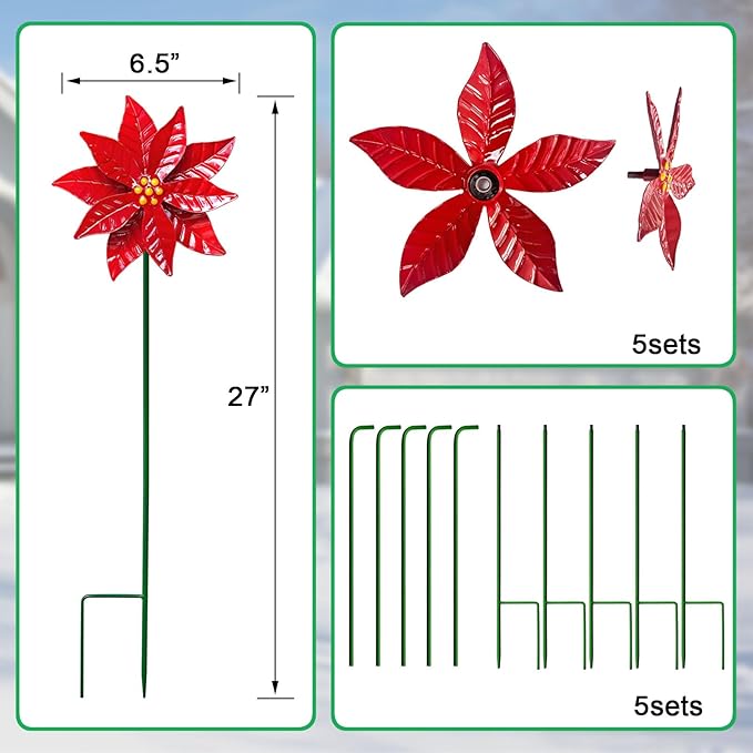 5 Pack Metal Poinsettia Wind Spinners for Garden,Outdoor Lawn Ornaments,Christmas Yard Decorations,Garden Stake and Decor for Outside