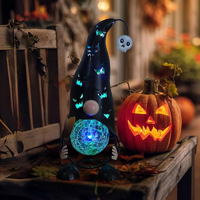 Halloween Decorations Outdoor Solar Lights Gnome, Color Changing LED Lights with Jack-O-Lantern Hollowed-Out Hat, Spooky Halloween Decor for Garden, Patio, Yard, Pathway (Black)