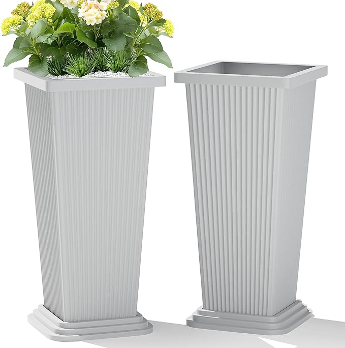 Set of 2 Large Tall Planter for Indoor or Outdoor 24" Tall Flower Pots Tapered Tall Planters with Tray for Porch, Patio, Backyard, Large Planters for Outdoor Indoor Plants(White,Striped)