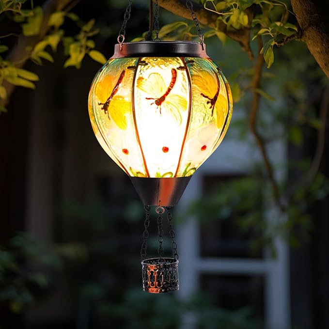 2 Pack Dragonfly Hot Air Balloon Solar Lantern Outdoor Waterproof, Glass Balloon Lanterns for Outside, Decorative Hanging Solar Lights Patio Garden Yard Gift for Women Moms