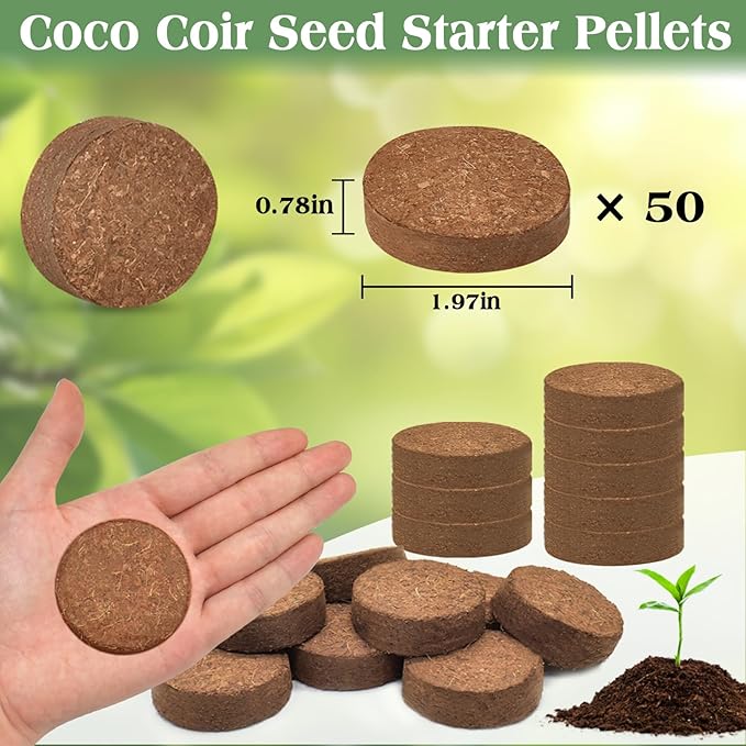 ZeeDix 50pcs(50mm) Coco Coir Pellets Potting Soil Indoor Plants, Compressed Coconut Coir Soil Pellets Seed Starting Pellets Soil Discs for Planting Flowers Bonsai Herbs Plants and Vegetables