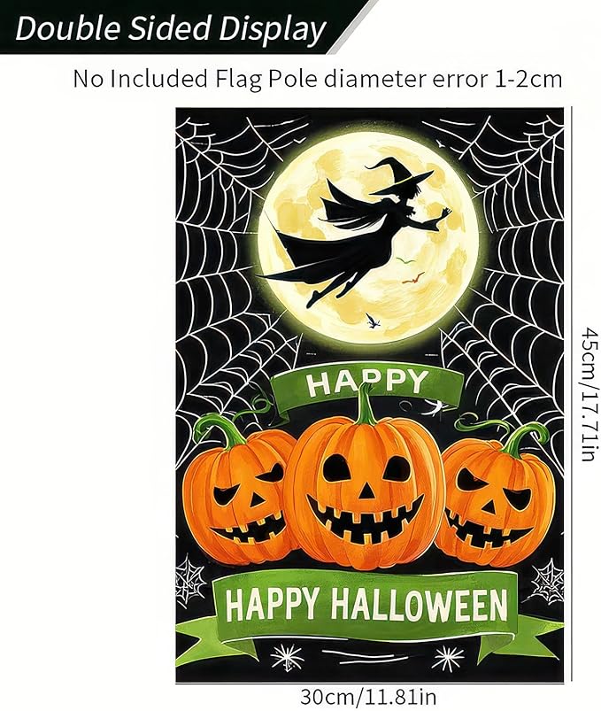 Happy Halloween Garden Flag 12x18 Inch Double Sided Witch Flying Over Moon Pumpkin Flags Spider Web Small Yard Flag for Halloween Outdoor Lawn Decoration