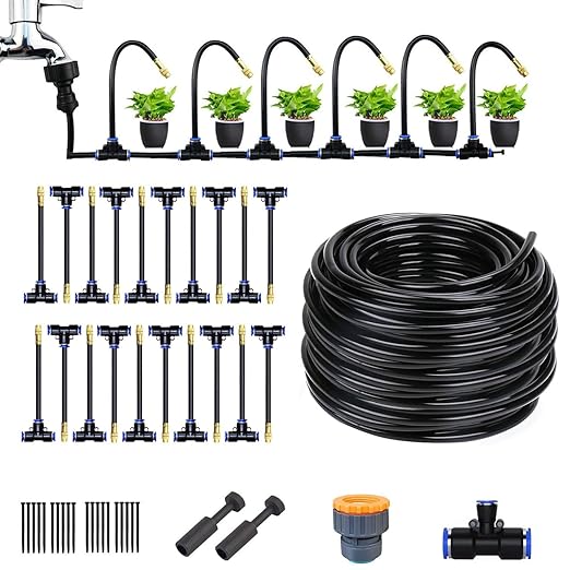 Garden Watering System, Greenhouse Mist Drip Irrigation Kit, 66Ft Hanging Plant Watering System with 20 Three-Way Atomizing Nozzle and 1/2 inch Strong Irrigation Tubing Hose
