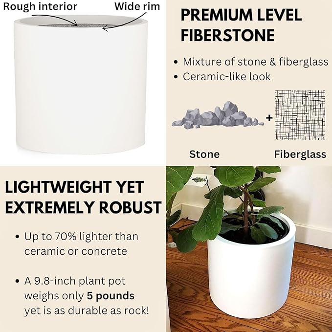 Fox & Fern 10 Inch Plant Pot with Drainage Plug — Premium Lightweight Fiberstone Matte White Planter; Indoor & Outdoor Planter; 10 Inch Pots for Plants; Weather Resistant & UV Resistant