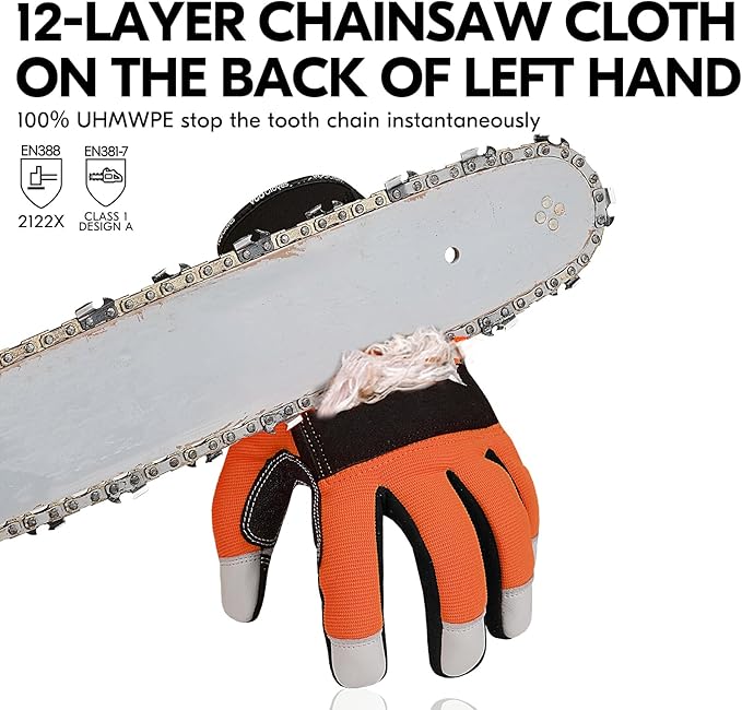 Vgo... 1-Pair 0℃/32°F Chainsaw Gloves, 12-Layer Chainsaw Protection on Left Hand Back, Safety leather Work Gloves, Mechanic Gloves(Size XL, Lined Orange,GA8912FWCS)