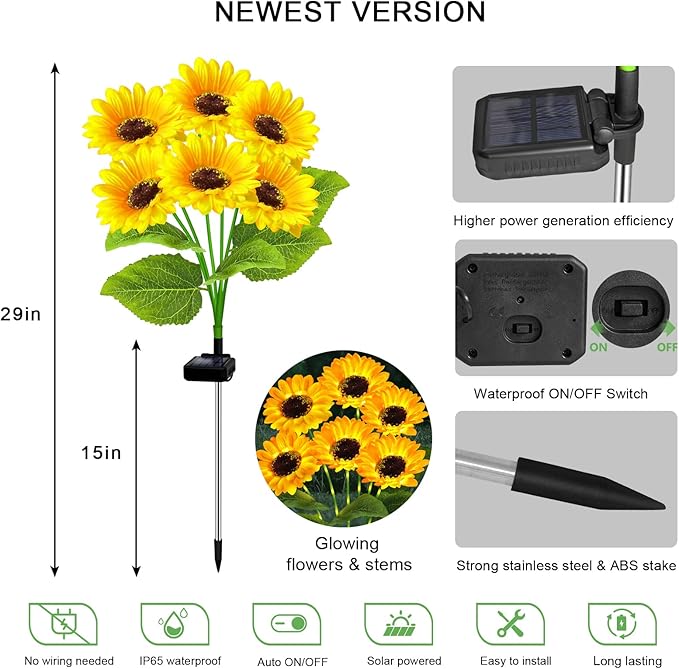 YJFWAL Solar Sunflower Lights 4 Pack with 24 Head Sunflower Outdoor Decorative Lights for Garden Gift for Mom and Friends, IP65 Waterproof Sunflower Garden Stake Lights for Yard Patio Lawn Pathway