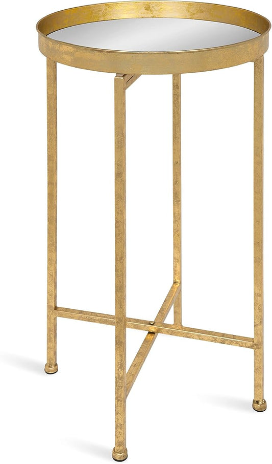 Kate and Laurel Celia Round Metal Foldable Accent Table with Mirror Tray Top, Gold