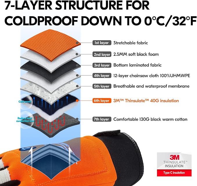 Vgo... 1Pair Chainsaw Winter Gloves,12-Layer Chainsaw Protection on Both Hands Back,Safety Cow leather Work Gloves,Mechanic Gloves(Size L,Orange,CA9760FLWP)