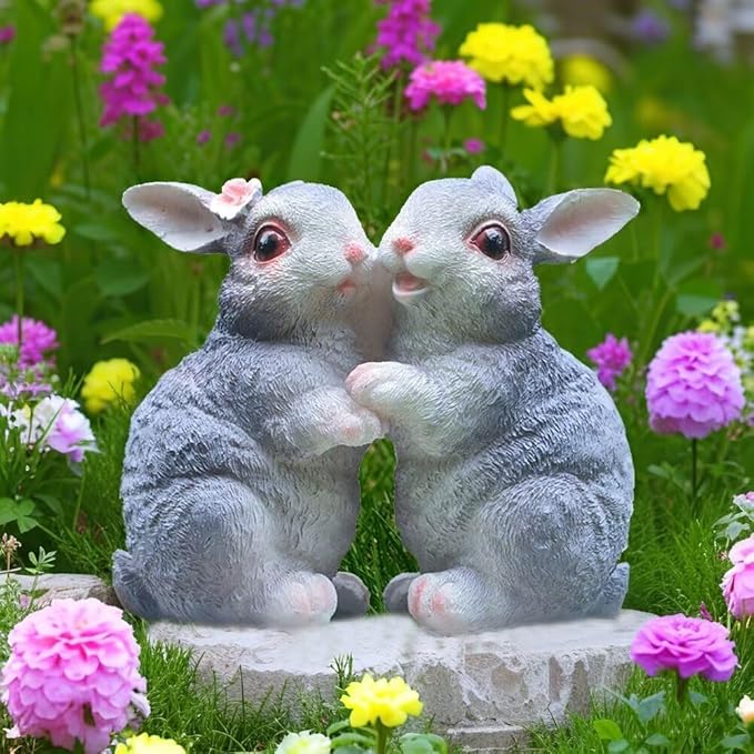 Garden Statues Bunny Decor Resin Dance Rabbit Figurine Cute Fairy Garden Decor Outdoor Statues for Patio Yard Porch Balcony Gifts for Women Mom Grandma Grey