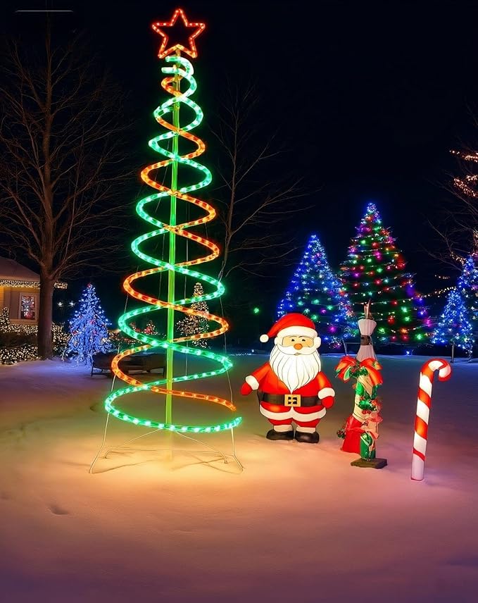 Double Spiral Christmas Tree Light Outdoor, Outdoor Light Up Christmas Tree with 8 Mode Controller, 120V Plug&Play ETL Waterproof for Xmas New Year Yard Garden, Red&Green, 7FT