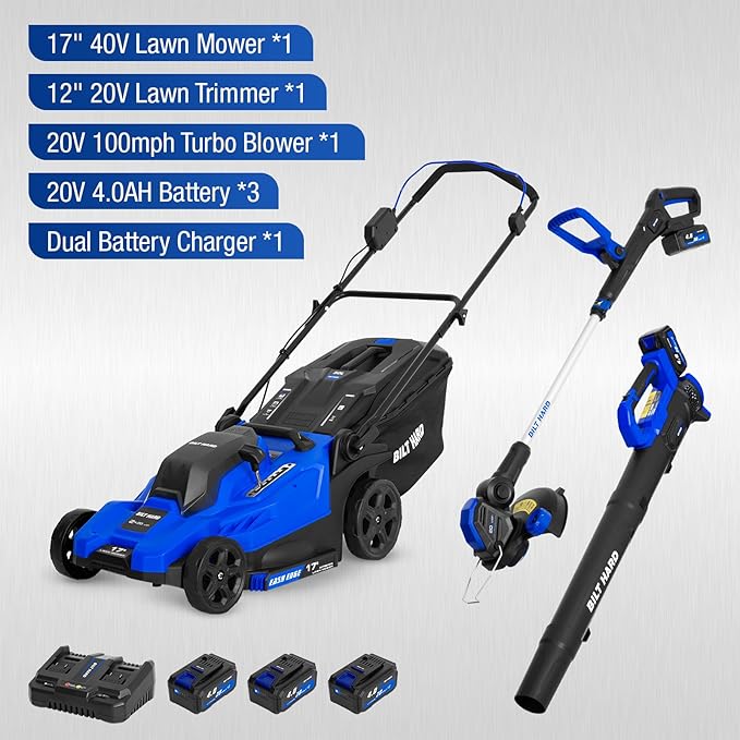 BILT HARD 17'' 40V Cordless Push Lawn Mower, 12'' String Trimmer and Leaf Blower Combo Set, Electric Lawn Mower Set with 3 x 4.0Ah Batteries and Dual Charger