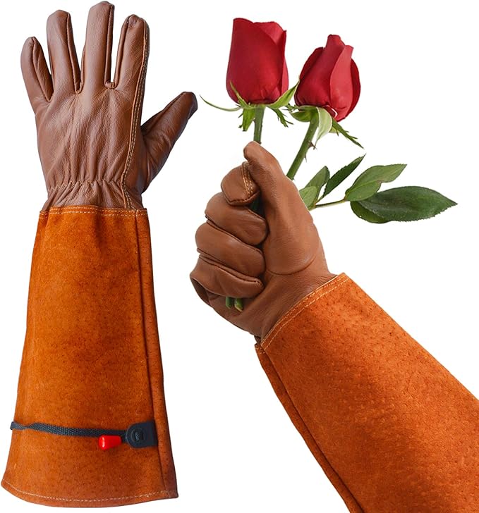 Gardening Gloves, Professional Puncture Proof Gloves for Rose Pruning & Cactus Trimming, Long Leather Garden Gloves Gifts for Women & Men- Full Grain Pigskin (Thorn Proof) (Large, Brown)
