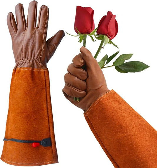 Gardening Gloves, Professional Puncture Proof Gloves for Rose Pruning & Cactus Trimming, Long Leather Garden Gloves Gifts for Women & Men- Full Grain Pigskin (Thorn Proof) (Large, Brown)