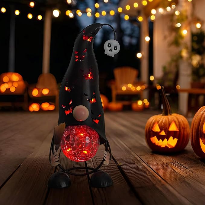 Halloween Decorations Outdoor Solar Lights Gnome, Color Changing LED Lights with Jack-O-Lantern Hollowed-Out Hat, Spooky Halloween Decor for Garden, Patio, Yard, Pathway (Black)