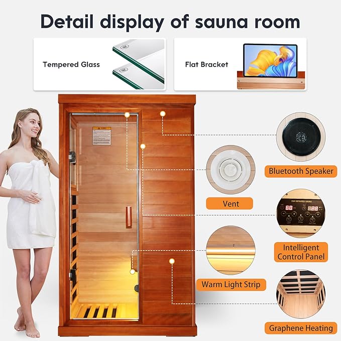 One Person Sauna Far Infrared Finland Spruce Wood Saunas Room Home Wood Spa Dry Saunas Single Person Spa Beauty of Natural Wood 67.3x37.4x29.5inch
