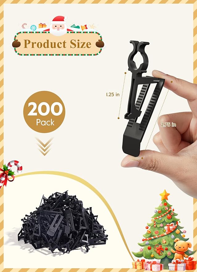 Universal Christmas Lights Shingle Clips, 200 Count All in One Gutter Clips, Shatterproof All Purpose Shingle Clips for C7/E12, C9/E17, Mini String Lights, Rope Lights, Christmas Decorations, Black
