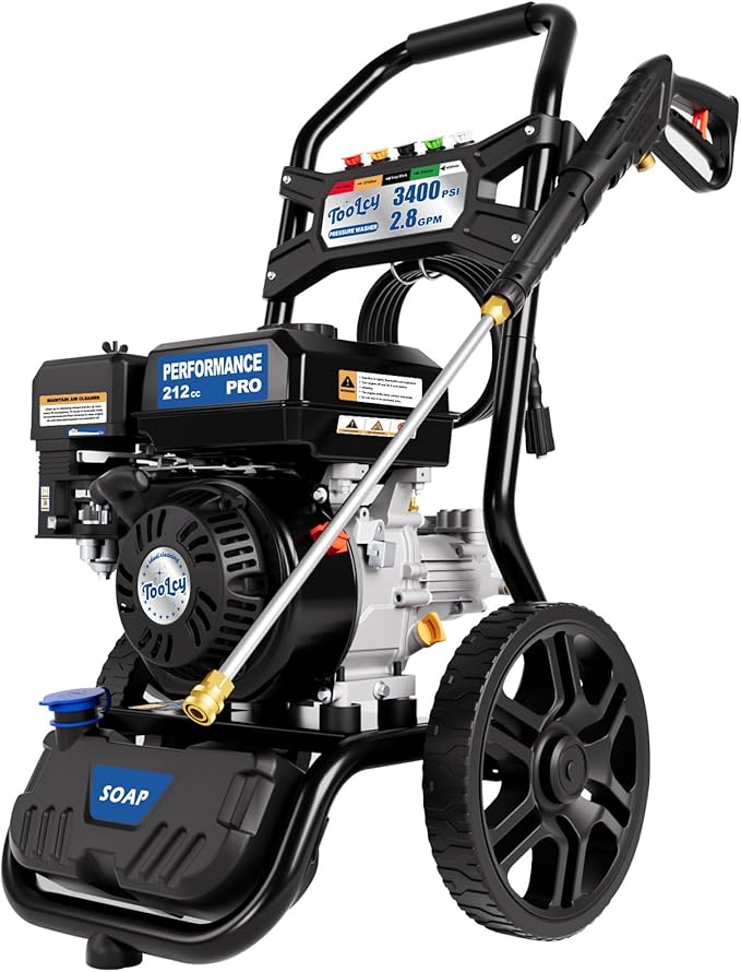 TOOLCY Gas Pressure Washer 3400PSI/2.8GPM Power Washer Upgraded Pump, 30ft Hose, Onboard Soap Tank, Spray Gun &5 Quick-Connect Nozzles for Driveway, Deck, Car Cleaning