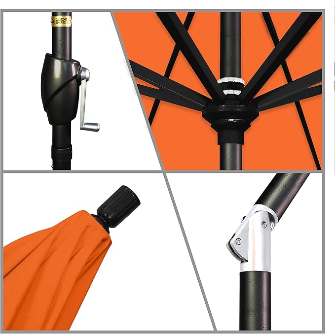 California Umbrella 9' Round Aluminum Market Umbrella, Crank Lift, Push Button Tilt, Black Pole, Sunbrella Tuscan