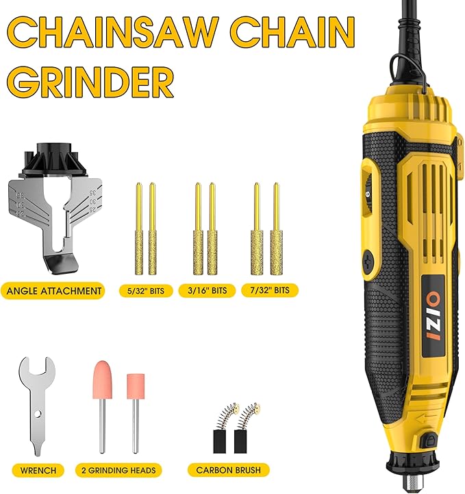 IZIO Yellow Professional Electric Chainsaw Sharpener Kit with 6 Grinding Heads &Precision Guide Plate – High-Efficiency Tool for Fast Blade Restoration,Compatible with All Chains(0.325" to 3/8" Pitch