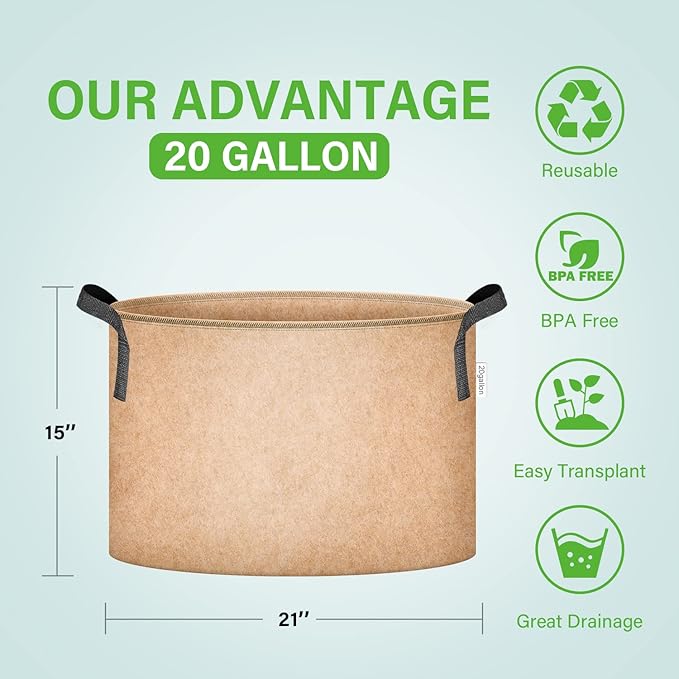 iPower 5-Pack 20 Gallon Plant Grow Bags Thickened Nonwoven Aeration Fabric Pots Heavy Duty Durable Container, Strap Handles for Garden, Tan