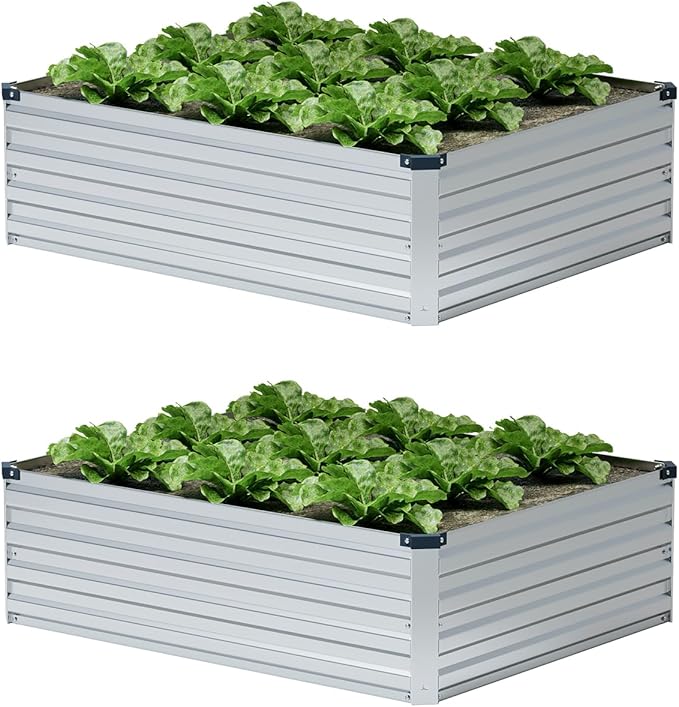 2 Pcs 4×3×1FT Galvanized Raised Garden Bed,Metal Planting Box for Outdoor Vegetable, Herb,Planter Gardening (Silver)