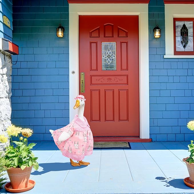 Porch Goose Outfits Cute Pink Rabbit Print, Porch Statue Goose Clothes with Hat for 23" Cement/Plastic Lawn Geese Statue Outdoor Patio Yard Lawn Art Decor Garden
