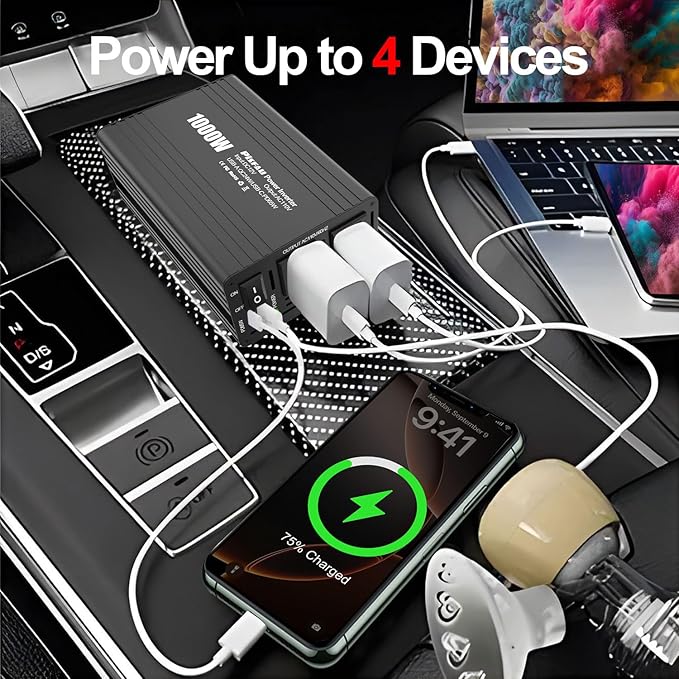 PiSFAU 1000w Inverter 12V to 110V, Power Inverter for Vehicles 1000 watts, Dc to AC Converter with 65W USB-C Inverter Charger for Road Strip, Camping, Emergency