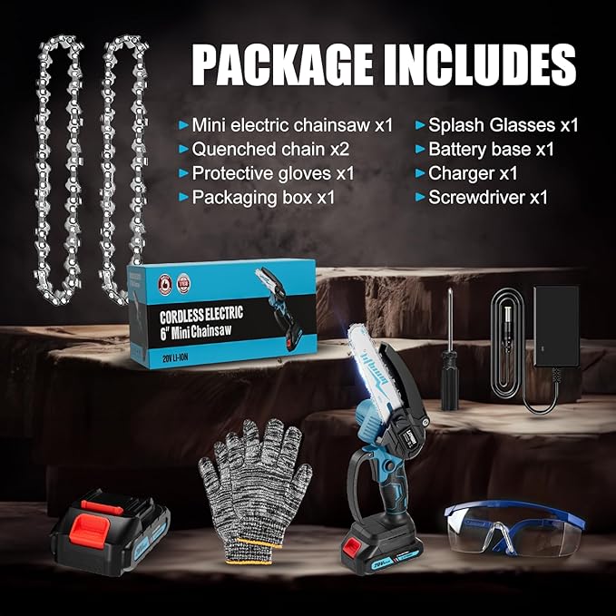 Chainsaw 6 Inch Mini Electric Chainsaw Cordless Battery Powered, HandHeld Chain Saw for Wood/Trees Trimming, Tools for Household and Garden, Chain Saw Gift for Men Dad Husband Women